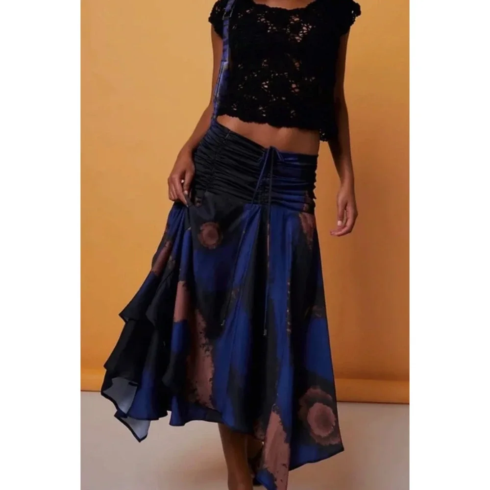 FREE PEOPLE HOUSE OF AAMA STARRY EYES TIE DYE ASYMMETRIC MIDI SKIRT BOHO SZ S